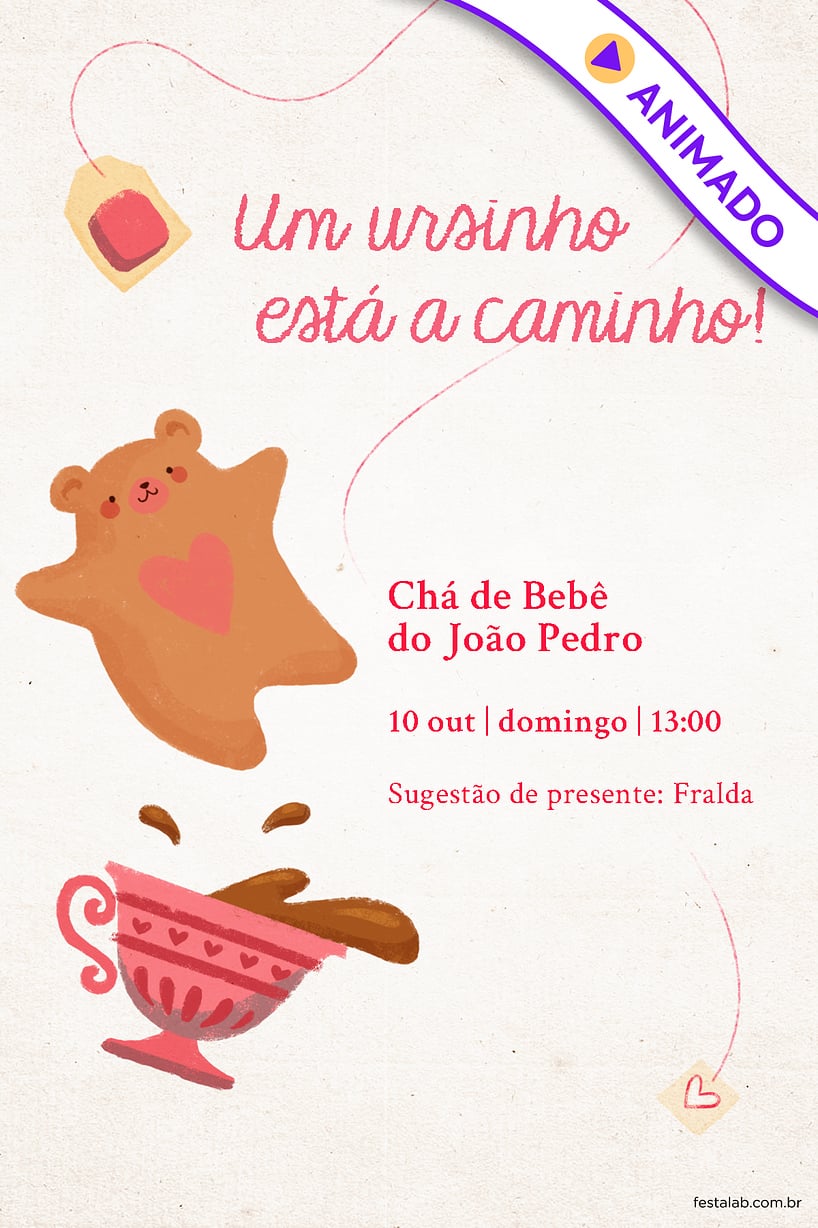 Convite de Cha de bebe - Cha do Ursinho Rosa
