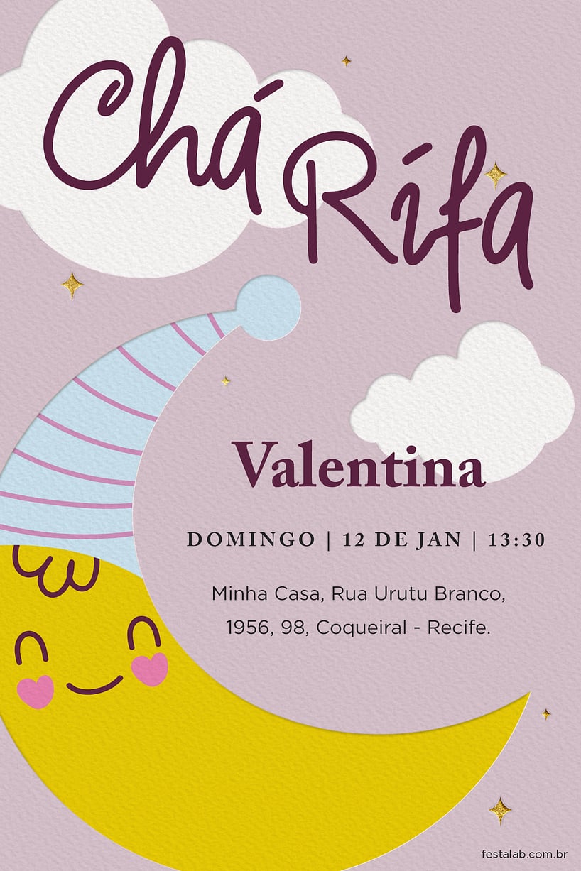 Convite de Cha de bebe - Cha rifa lua rosa