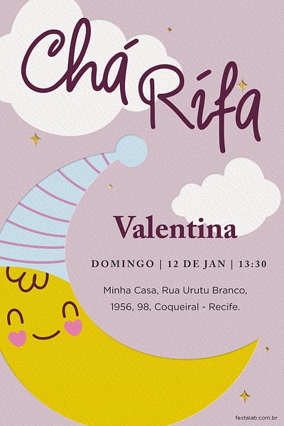 Modelo de Convite de Cha de bebe - Cha rifa lua rosa Convite Chá rifa lua rosa grátis para editar