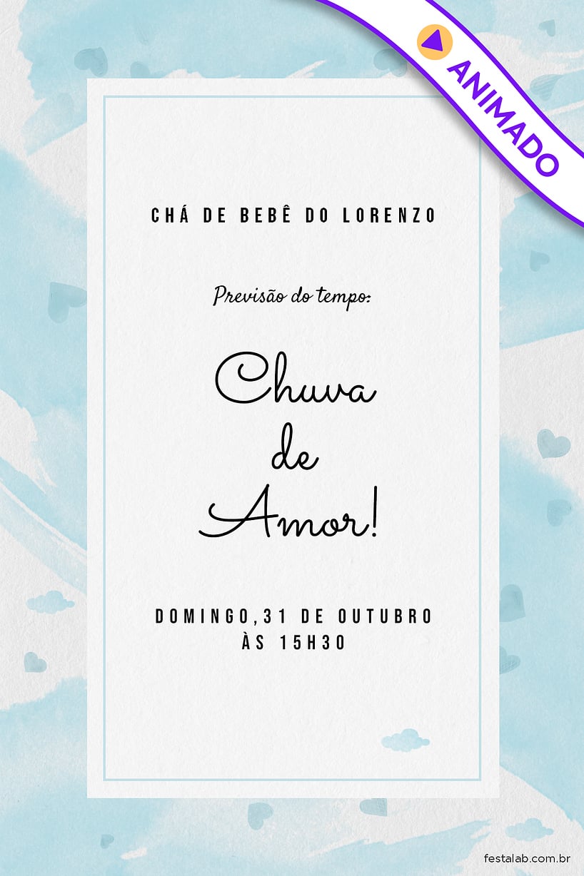 Modelo de Convite de Cha de bebe - Chuva de Amor Aquarela Azul Convite de Cha de bebe - Chuva de Amor Aquarela Azul