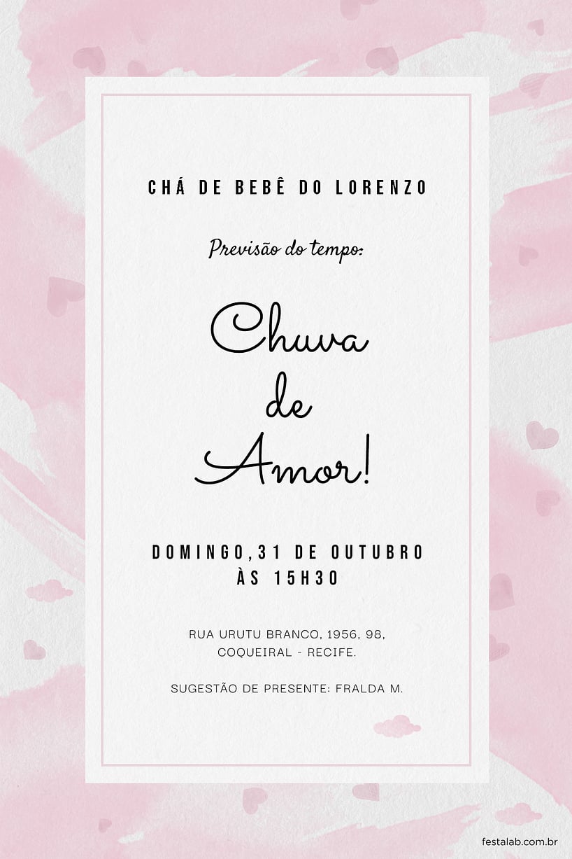 Criar convite de Chá de bebê - Chuva de Amor Aquarela Rosa| FestaLab