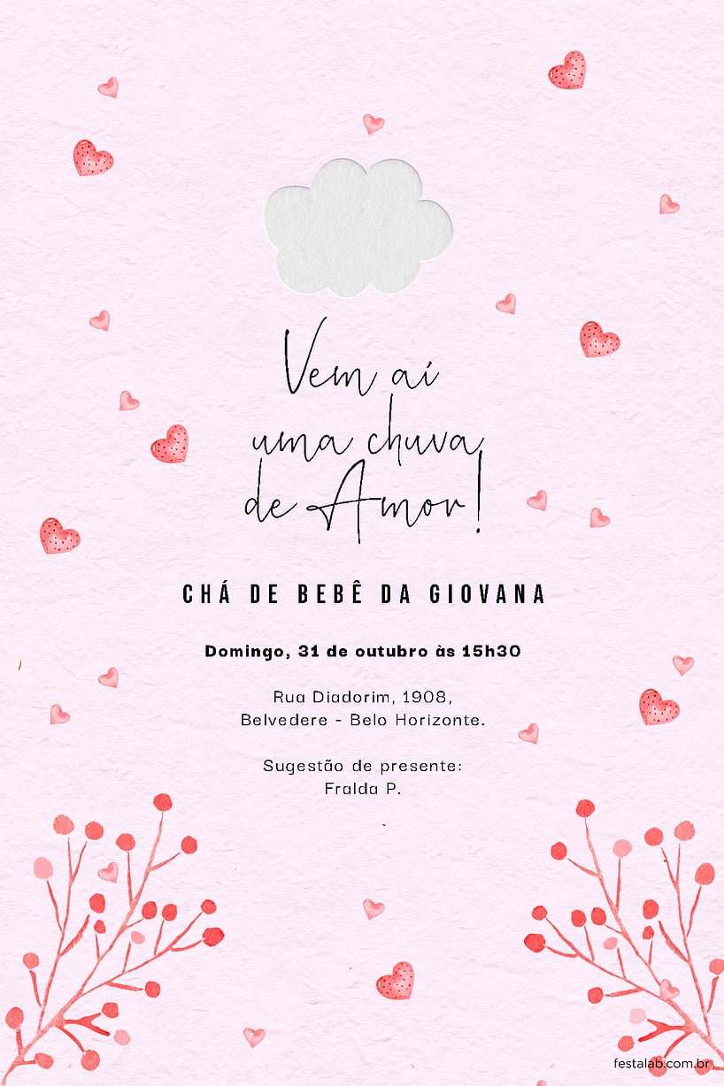 Criar convite de Chá de bebê - Chuva de Amor Rosa Chiclete| FestaLab