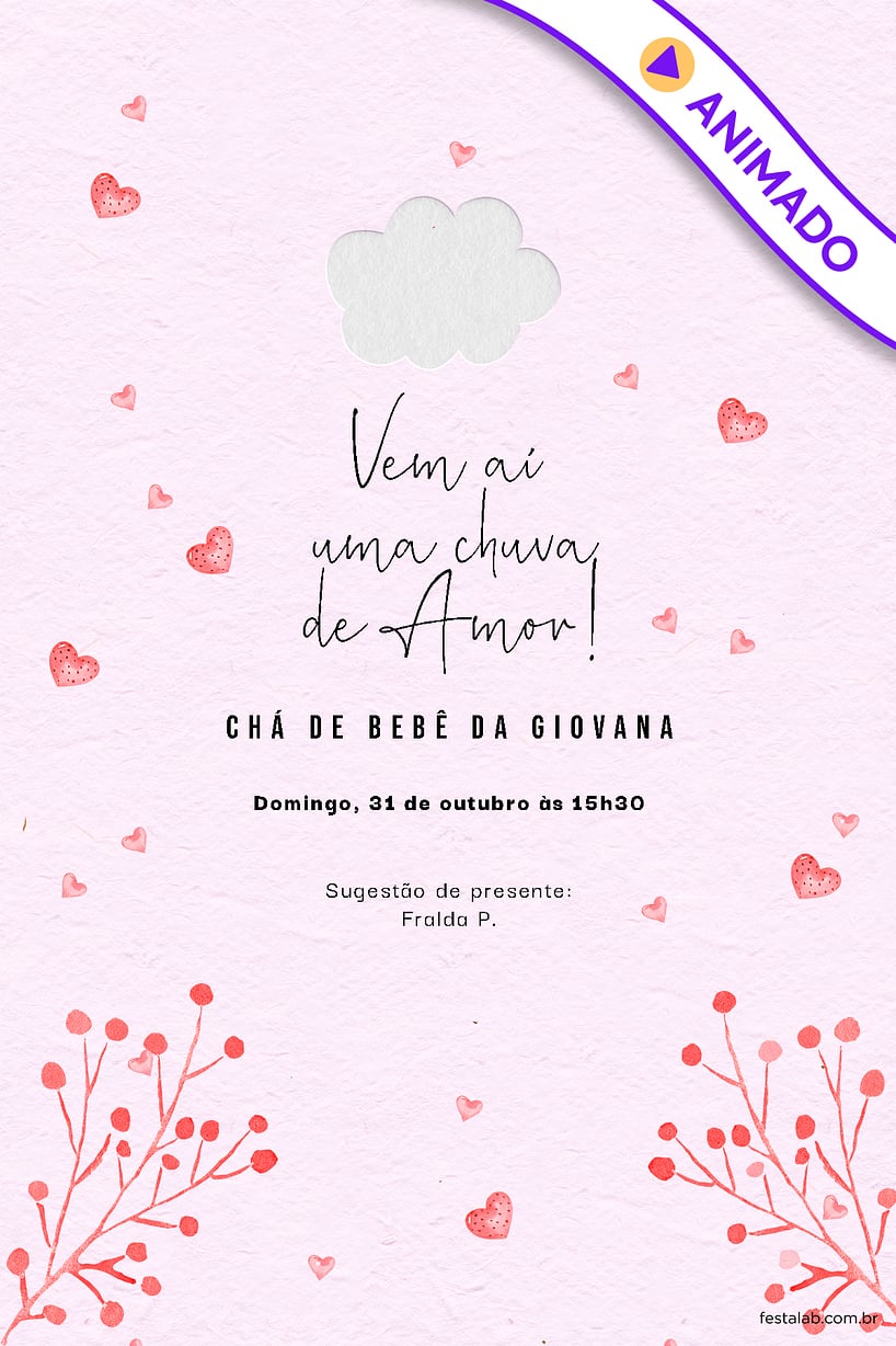 Convite de Cha de bebe - Chuva de Amor Rosa Chiclete