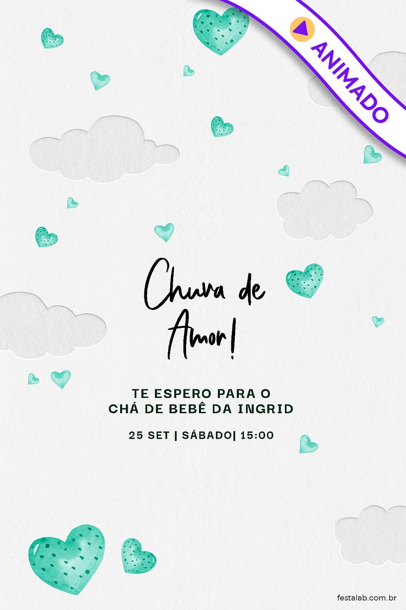 Modelo de Convite de Cha de bebe - Chuva de Coracoes Criar convite de Chá de bebê - Chuva de Corações| FestaLab