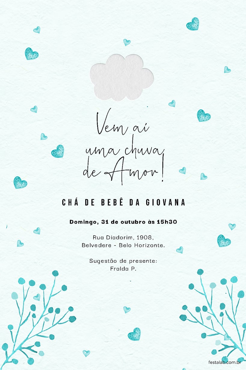 Convite de Cha de bebe - Chuva de Paixao Azul