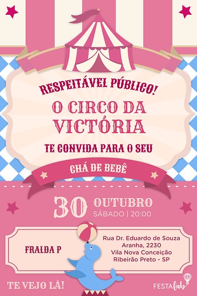 Modelo de Convite de Cha de bebe - Uma Festa no Circo: Rosa Convite Uma Festa no Circo: Rosa grátis para editar