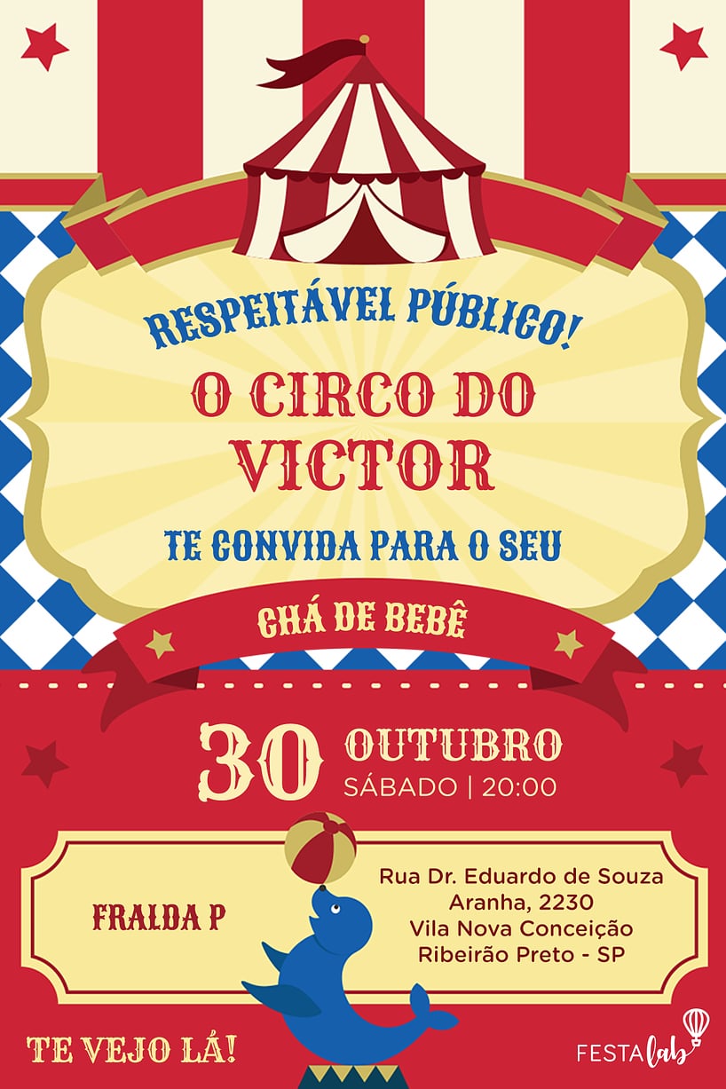 Modelo de Convite de Cha de bebe - Circo Criar convite de Chá de bebê - Circo| FestaLab