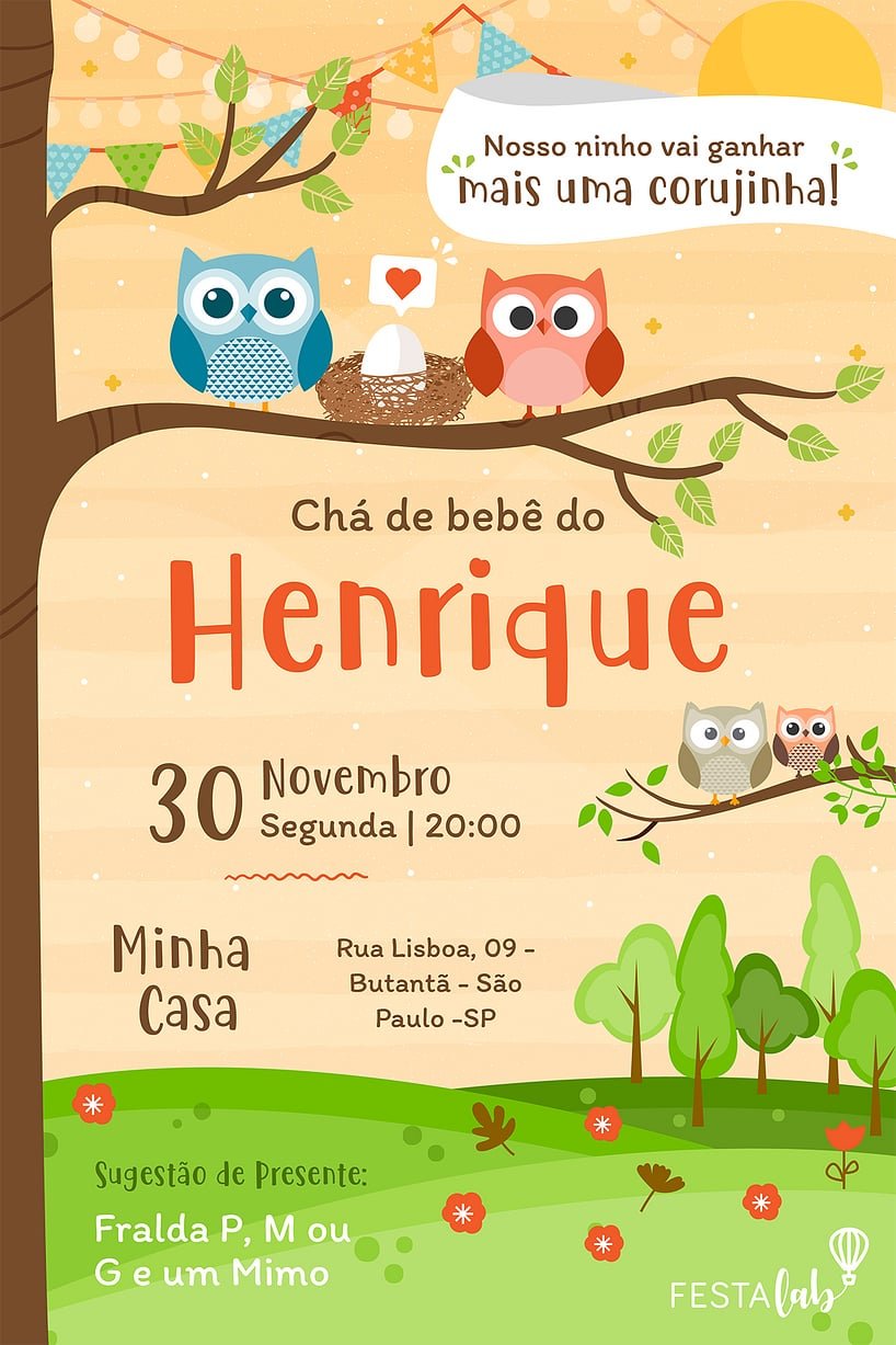 Criar convite de Chá de bebê - Corujinha| FestaLab