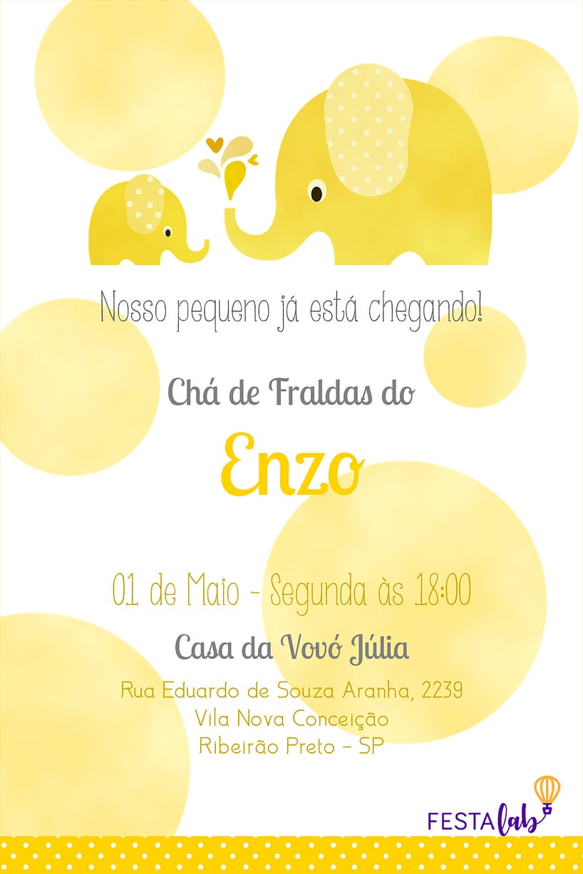 Criar convite de Chá de bebê - Elefantinho de Bolinhas: Amarelo| FestaLab