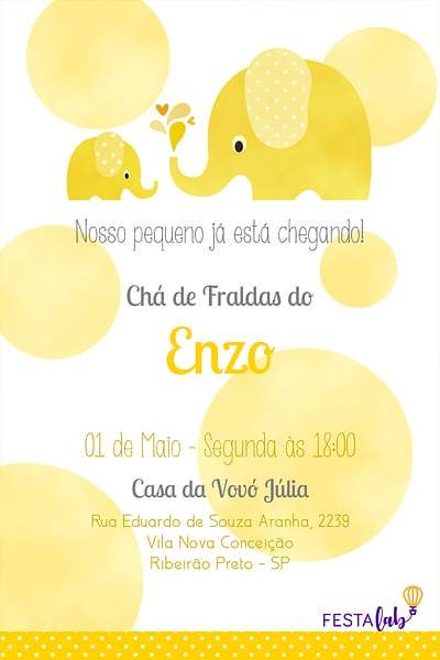 Modelo de Convite de Cha de bebe - Elefantinho de Bolinhas: Amarelo Convite Elefantinho de Bolinhas: Amarelo grátis para editar