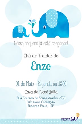 Modelo de Convite de Cha de bebe - Elefantinho de Bolinhas: Azul Convite de Cha de bebe - Elefantinho de Bolinhas: Azul