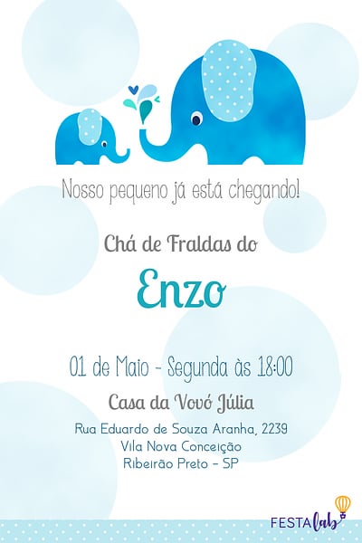 Modelo de Convite de Cha de bebe - Elefantinho de Bolinhas: Azul Criar convite de Chá de bebê - Elefantinho de Bolinhas: Azul| FestaLab