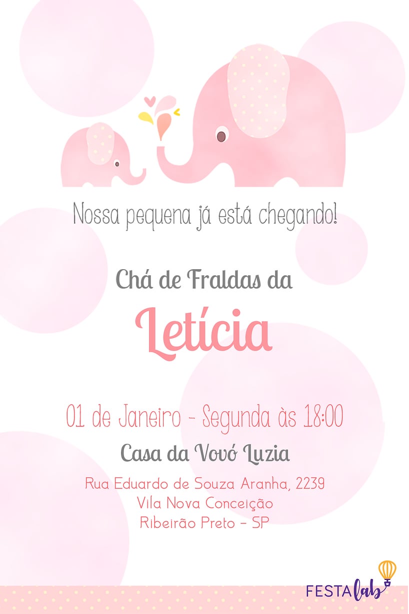 Criar convite de Chá de bebê - Elefantinho de Bolinhas: Rosa| FestaLab