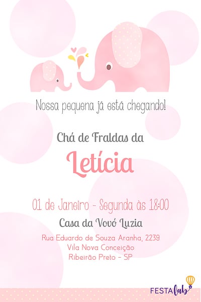 Modelo de Convite de Cha de bebe - Elefantinho de Bolinhas: Rosa Convite Elefantinho de Bolinhas: Rosa grátis para editar
