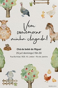 Modelo de Convite de Cha de bebe - Fazendinha com Animais Convite Fazendinha com Animais grátis para editar