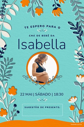 Modelo de Convite de Cha de bebe - Floral Azul e Laranja Convite de Cha de bebe - Floral Azul e Laranja