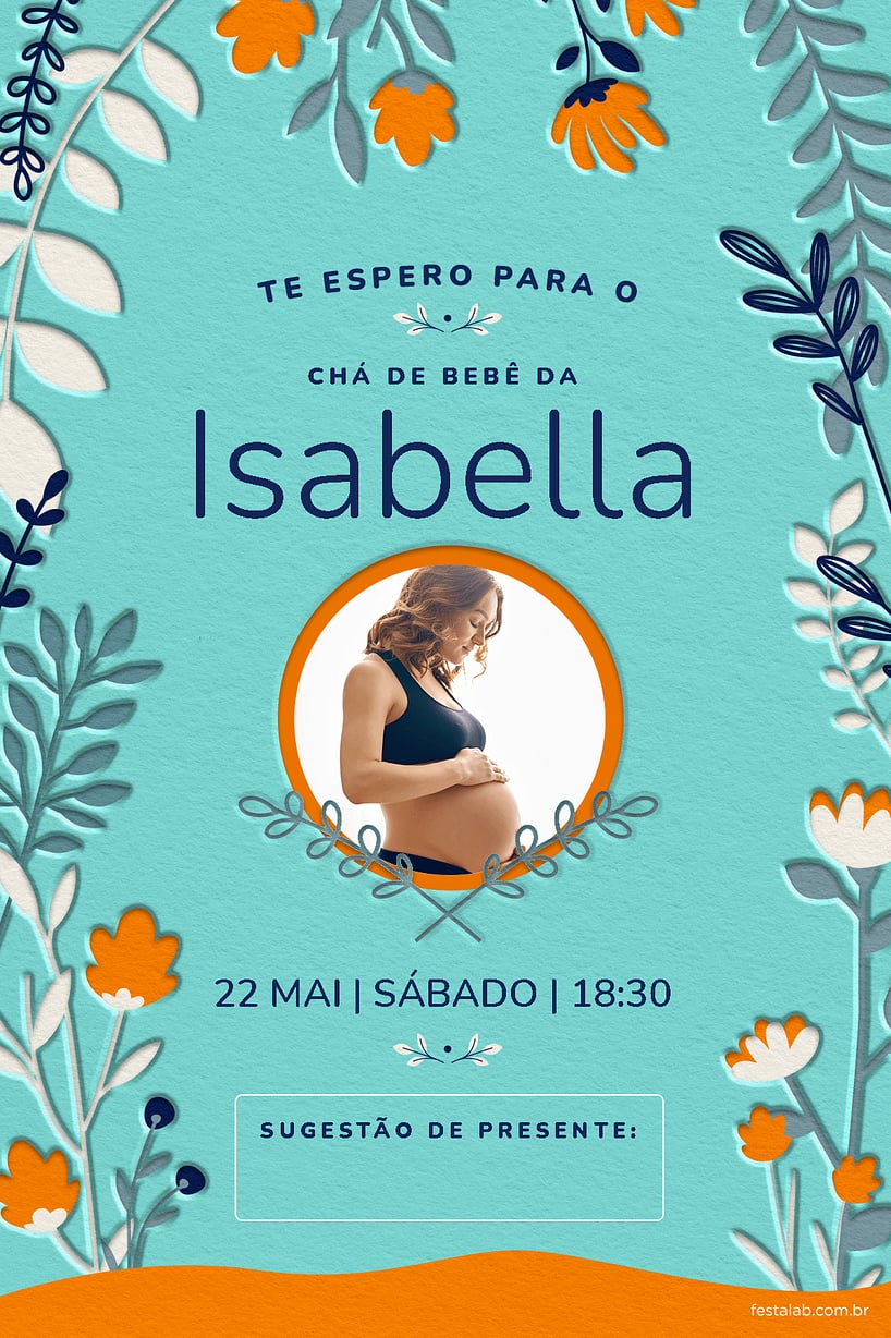 Criar convite de Chá de bebê - Floral Azul e Laranja| FestaLab