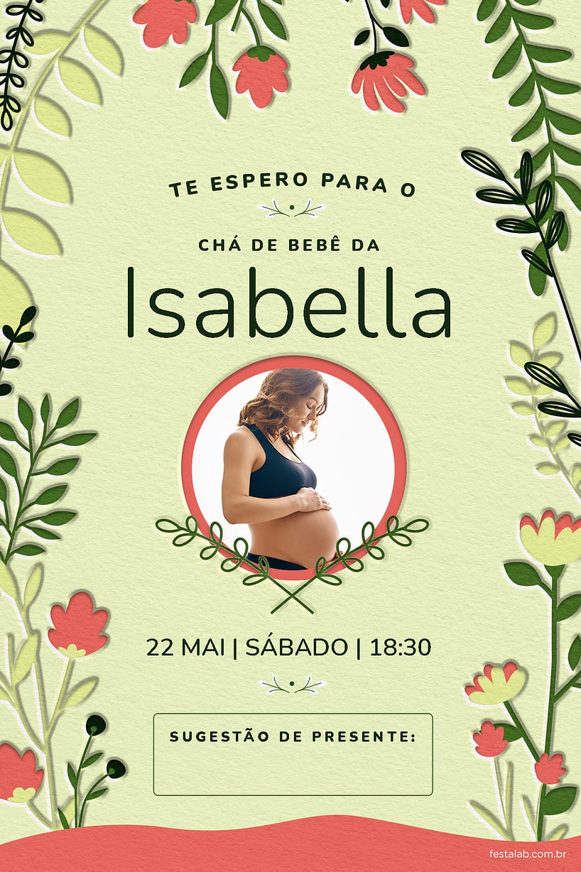 Convite de Cha de bebe - Floral verde e rosa