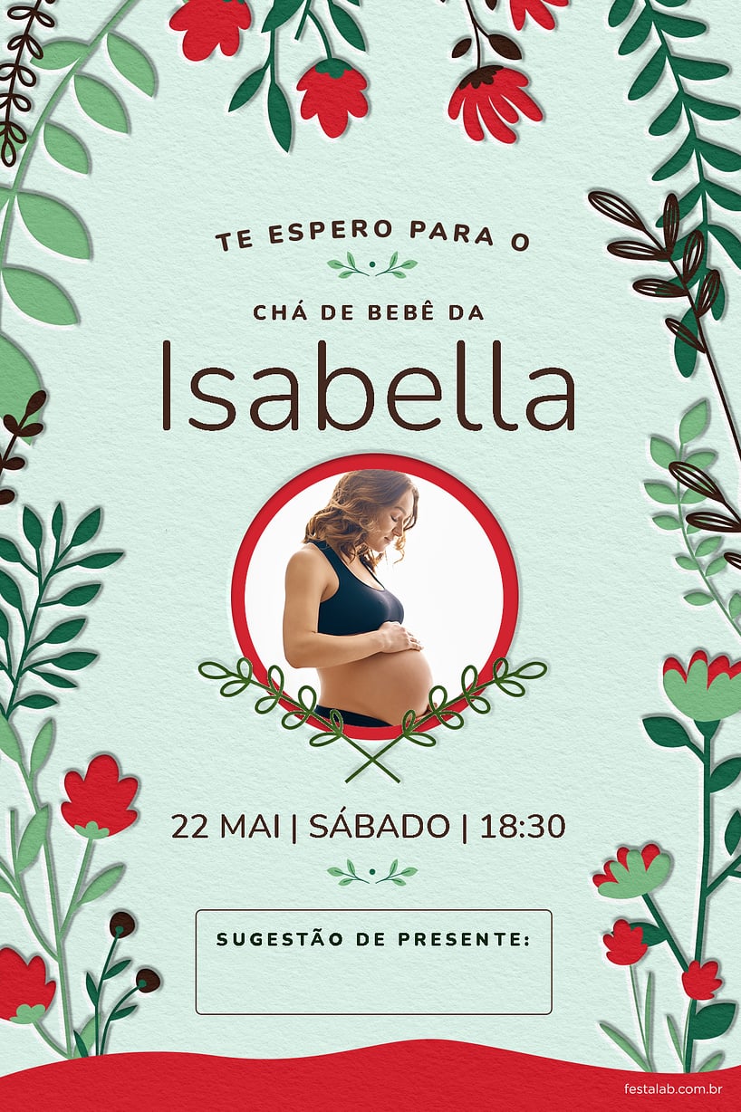 Convite de Cha de bebe - Floral verde e vermelho