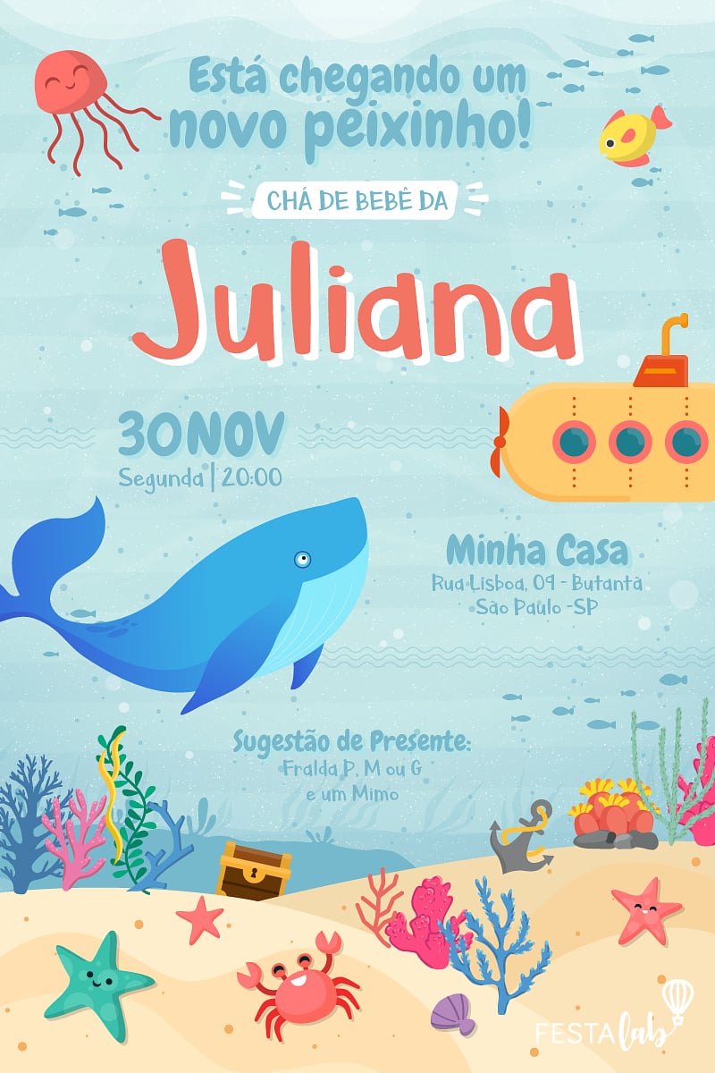 Convite Fundo do Mar grátis para editar
