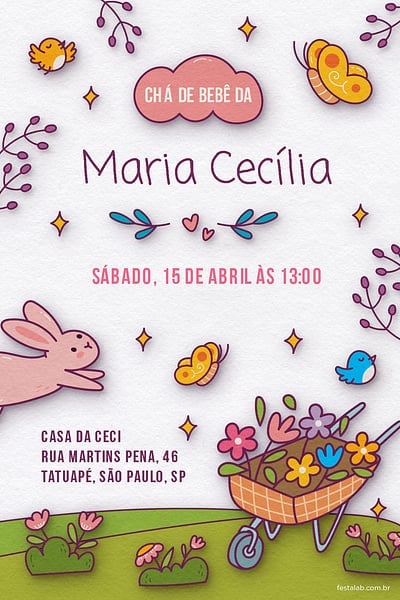 Modelo de Convite de Cha de bebe - No Reino das Flores: Branco Convite No Reino das Flores: Branco grátis para editar