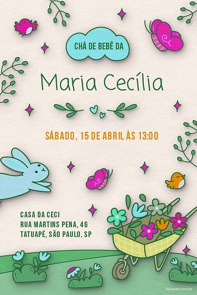 Modelo de Convite de Cha de bebe - No Reino das Flores Convite No Reino das Flores grátis para editar