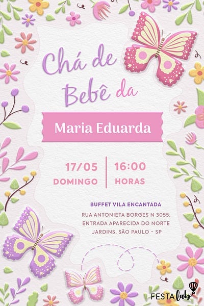 Modelo de Convite de Cha de bebe - Jardim das flores Convite Jardim das flores grátis para editar