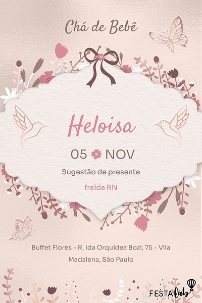 Modelo de Convite de Cha de bebe - Jardim dos Beija-flores Convite Jardim dos Beija-flores grátis para editar