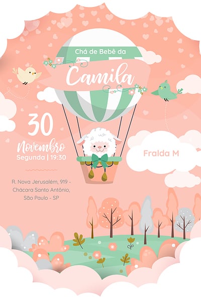 Modelo de Convite de Cha de bebe - Ovelha Baloeira Convite Ovelha Baloeira grátis para editar