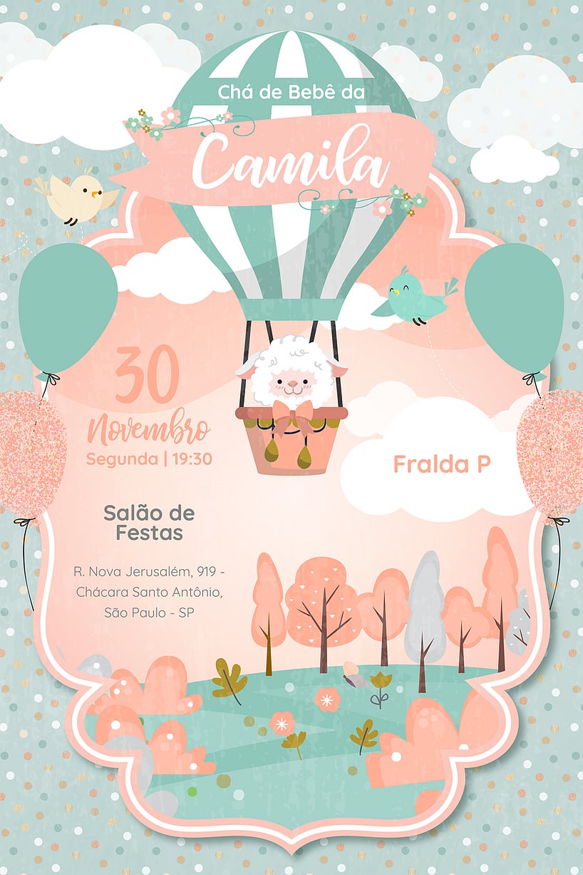 Criar convite de Chá de bebê - Ovelha Baloeira verde| FestaLab