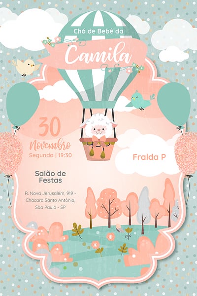 Criar convite de Chá de bebê - Ovelha Baloeira verde| FestaLab