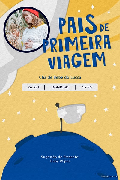 Modelo de Convite de Cha de bebe - Pais de Primeira Viagem Amarelo Convite Pais de Primeira Viagem Amarelo grátis para editar
