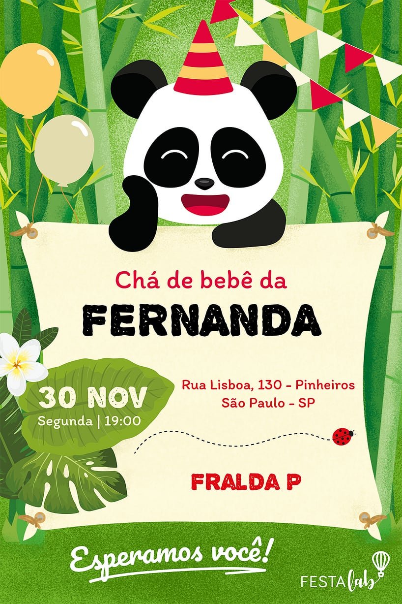 Criar convite de Chá de bebê - Panda| FestaLab
