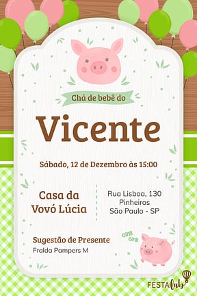 Convite de Cha de bebe - Porquinhos