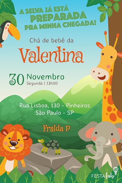 Modelo de Convite de Cha de bebe - Safari Convite Safari grátis para editar