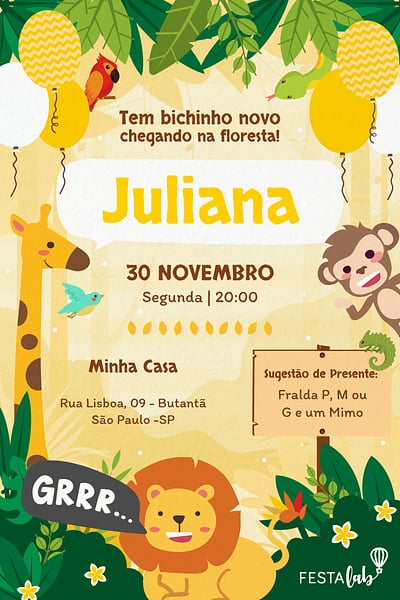 Modelo de Convite de Cha de bebe - Safari amarelo Convite Safari amarelo grátis para editar