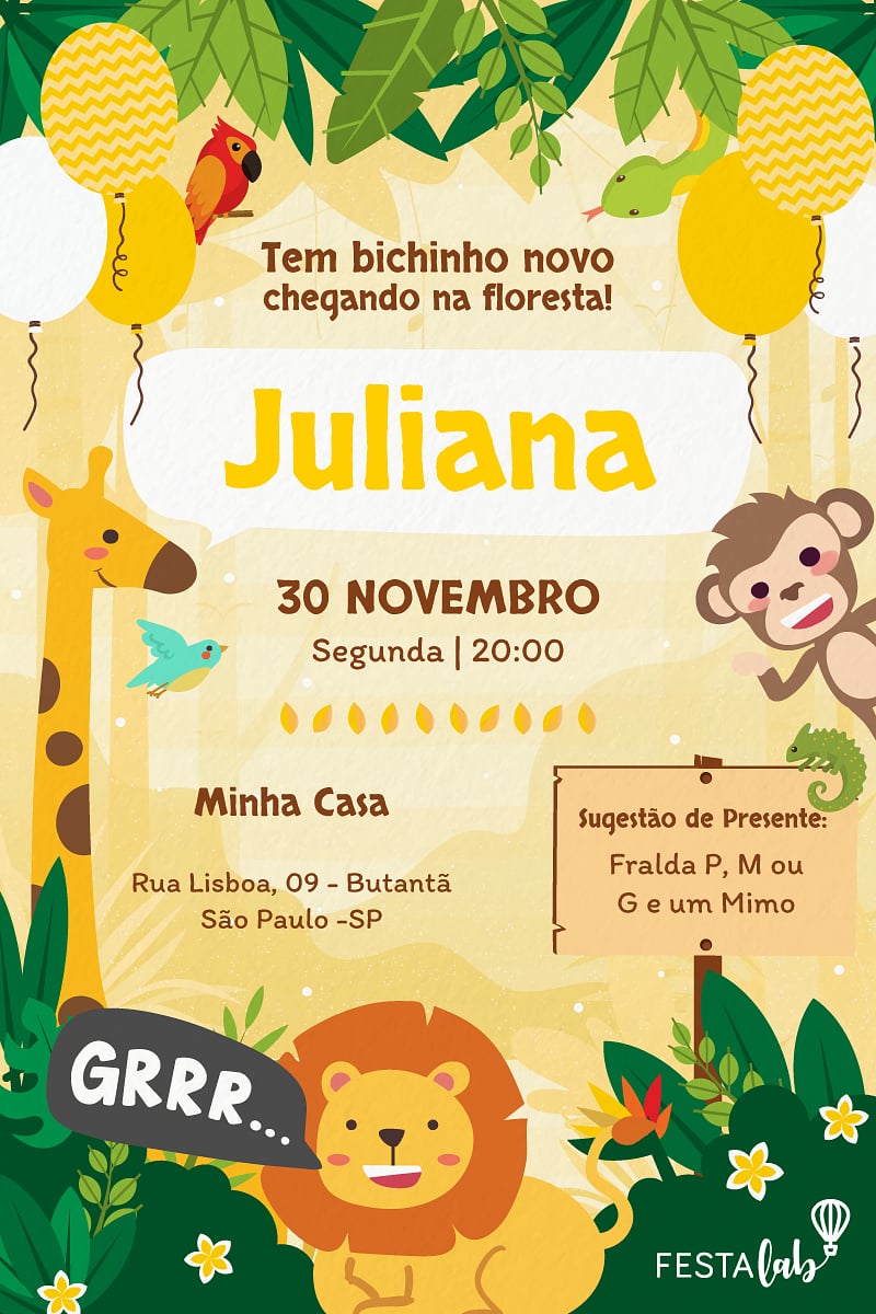 Modelo de Convite de Cha de bebe - Safari Criar convite de Chá de bebê - Safari| FestaLab