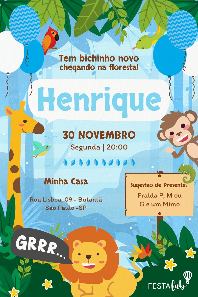 Modelo de Convite de Cha de bebe - Safari Criar convite de Chá de bebê - Safari| FestaLab