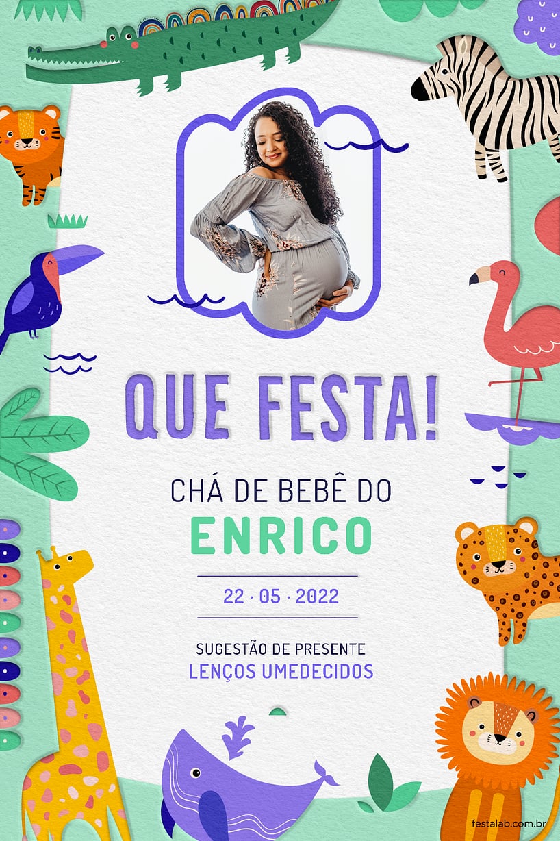 Criar convite de Chá de bebê - Safari Baby Colorido com Roxo| FestaLab