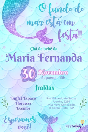 Modelo de Convite de Cha de bebe - Sereia brilhante Convite de Cha de bebe - Sereia brilhante