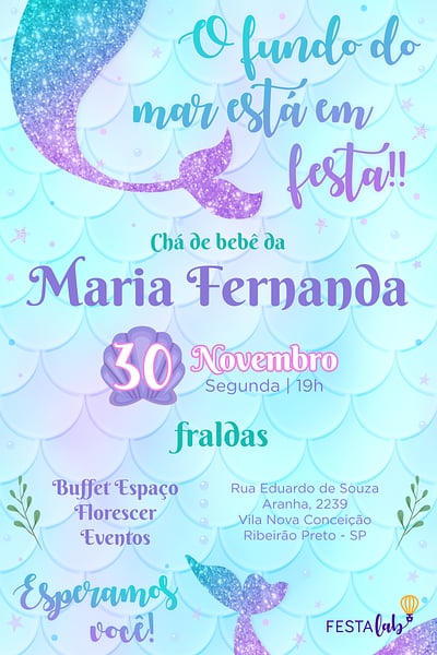 Modelo de Convite de Cha de bebe - Sereia brilhante Convite Sereia brilhante grátis para editar