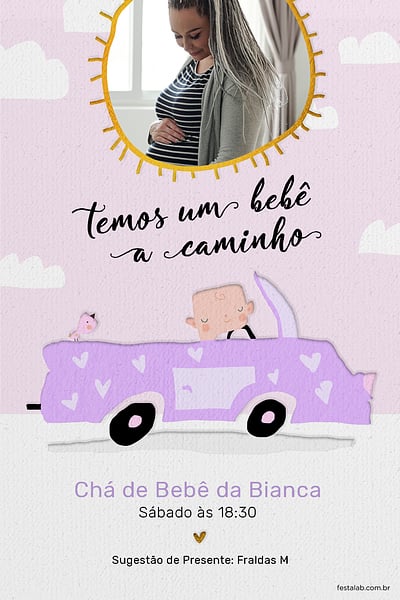 Modelo de Convite de Cha de bebe - Solzinho lilas e aquarela Convite Solzinho lilás e aquarela grátis para editar