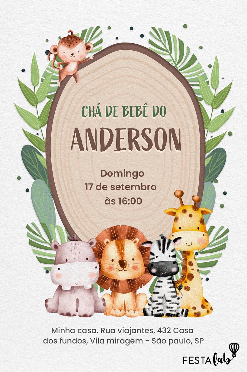 Cartão De Agradecimento Festa de primeiro aniversario Safari dos Animais S