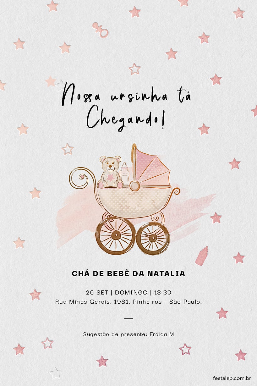 Convite de Cha de bebe - Ursinha no Carrinho