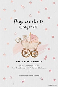 Modelo de Convite de Cha de bebe - Ursinha no Carrinho Convite Ursinha no Carrinho grátis para editar