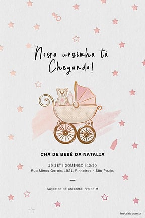 Modelo de Convite de Cha de bebe - Ursinha no Carrinho Convite de Cha de bebe - Ursinha no Carrinho