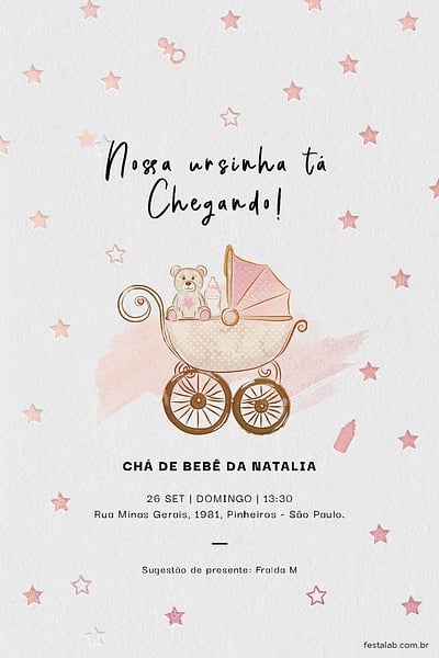 Modelo de Convite de Cha de bebe - Ursinha no Carrinho Convite Ursinha no Carrinho grátis para editar
