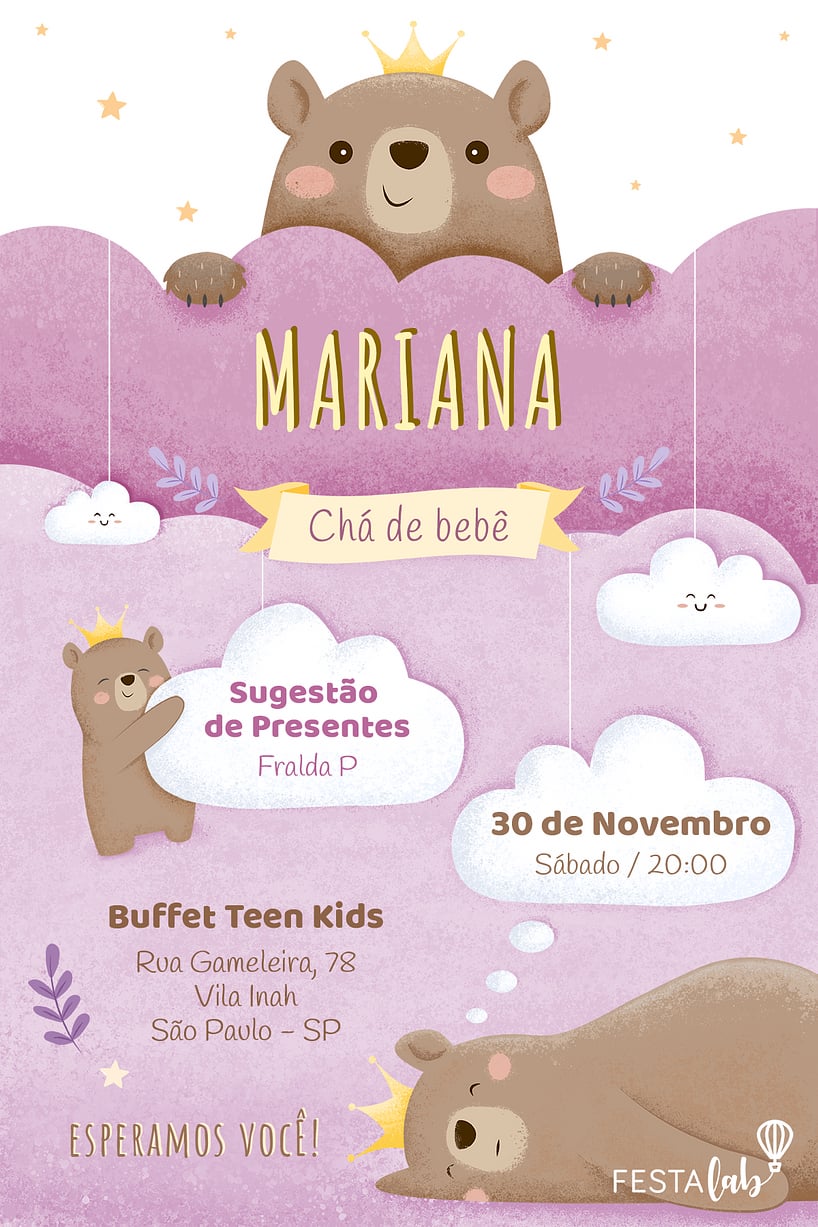 Convite de Cha de bebe - Ursinha Princesa