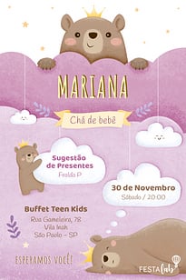 Modelo de Convite de Cha de bebe - Ursinha Princesa Convite Ursinha Princesa grátis para editar
