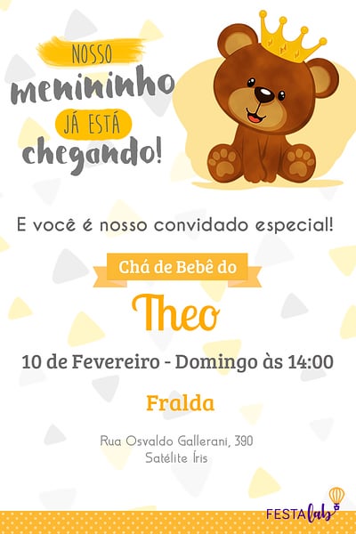 Modelo de Convite de Cha de bebe - Ursinho amarelo Convite Ursinho amarelo grátis para editar
